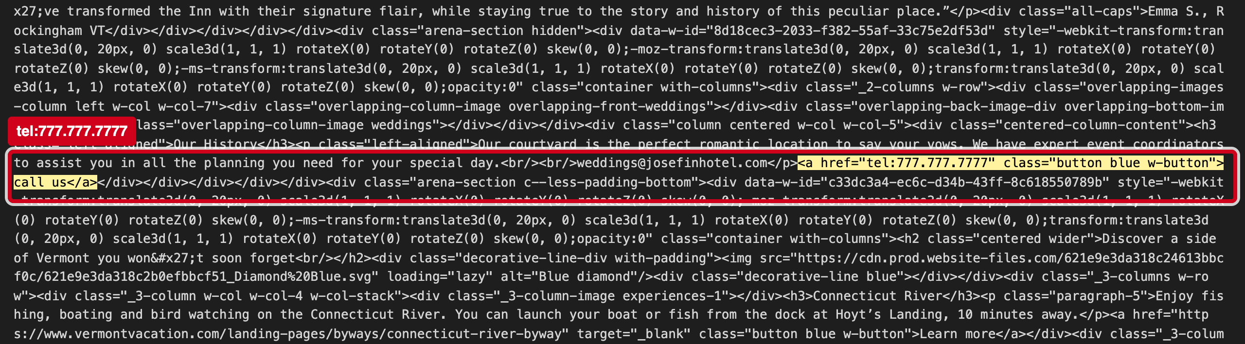 Screenshot: The weddings "call us" button dials a placeholder number